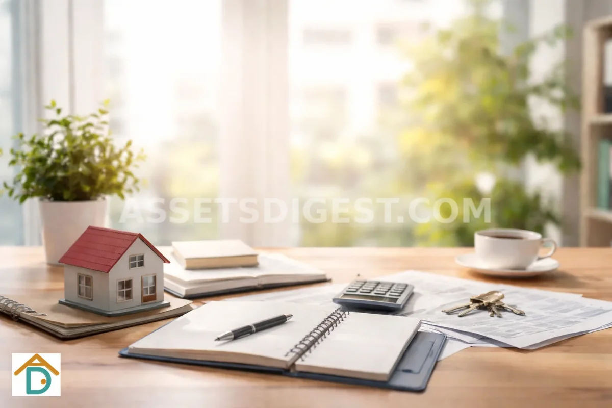 House model, keys, calculator and notebook on a desk representing property planning
