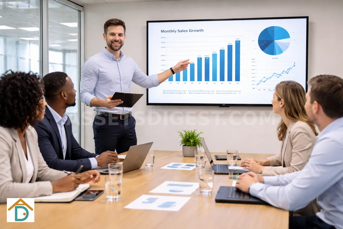 Presenter showing a sales growth chart to a meeting room